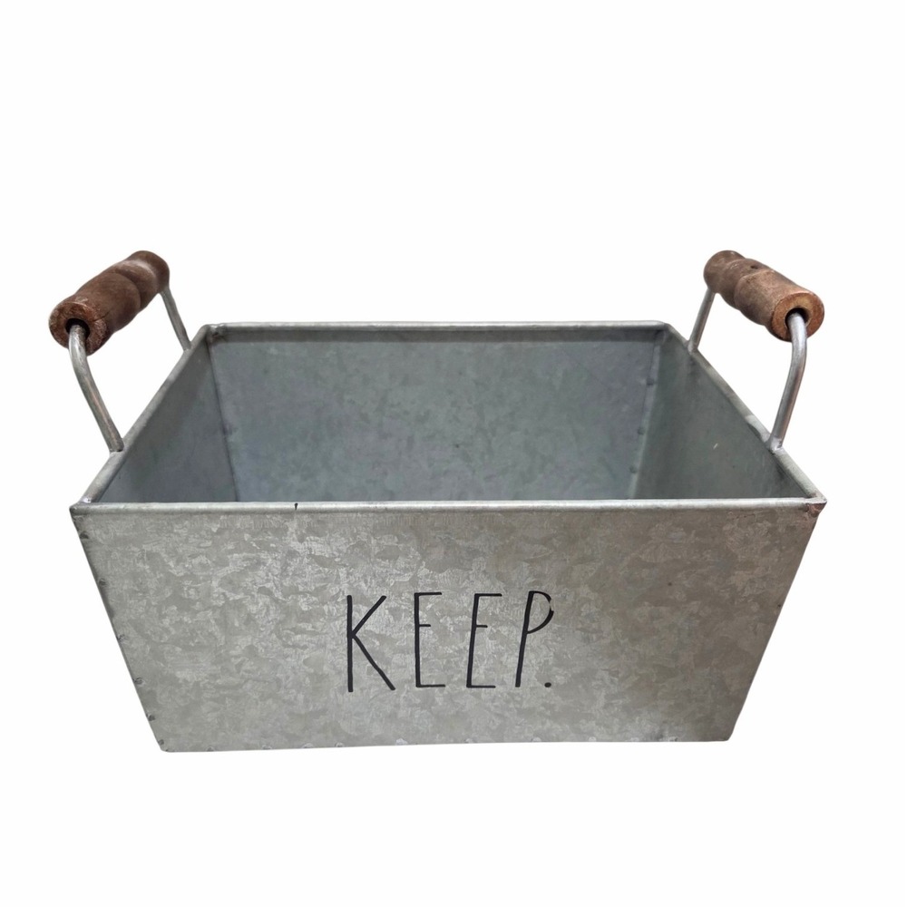 Rae Dunn Galvanized Metal Storage Bin Basket KEEP with Wood Handles Farmhouse